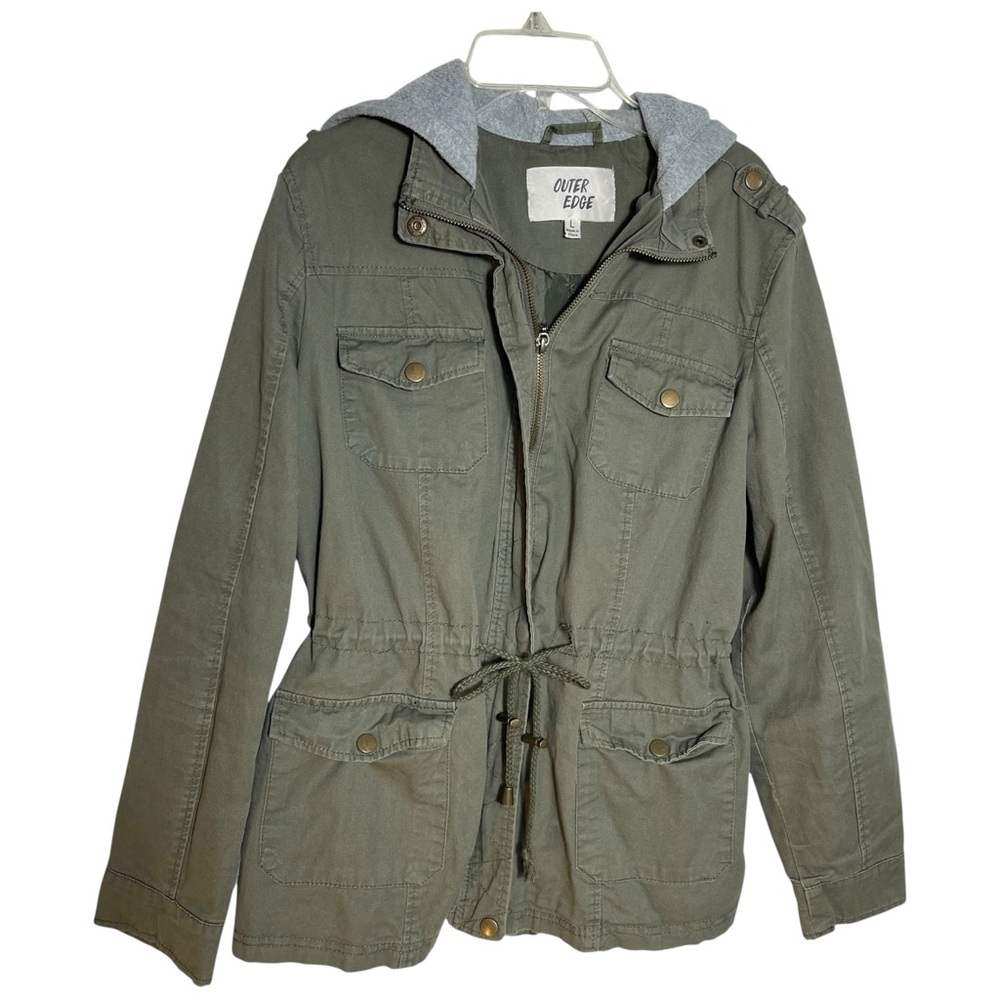 Outer Edge Olive Green HoodUtility Anorak Jacket with Gray Fleece Hood – Size L